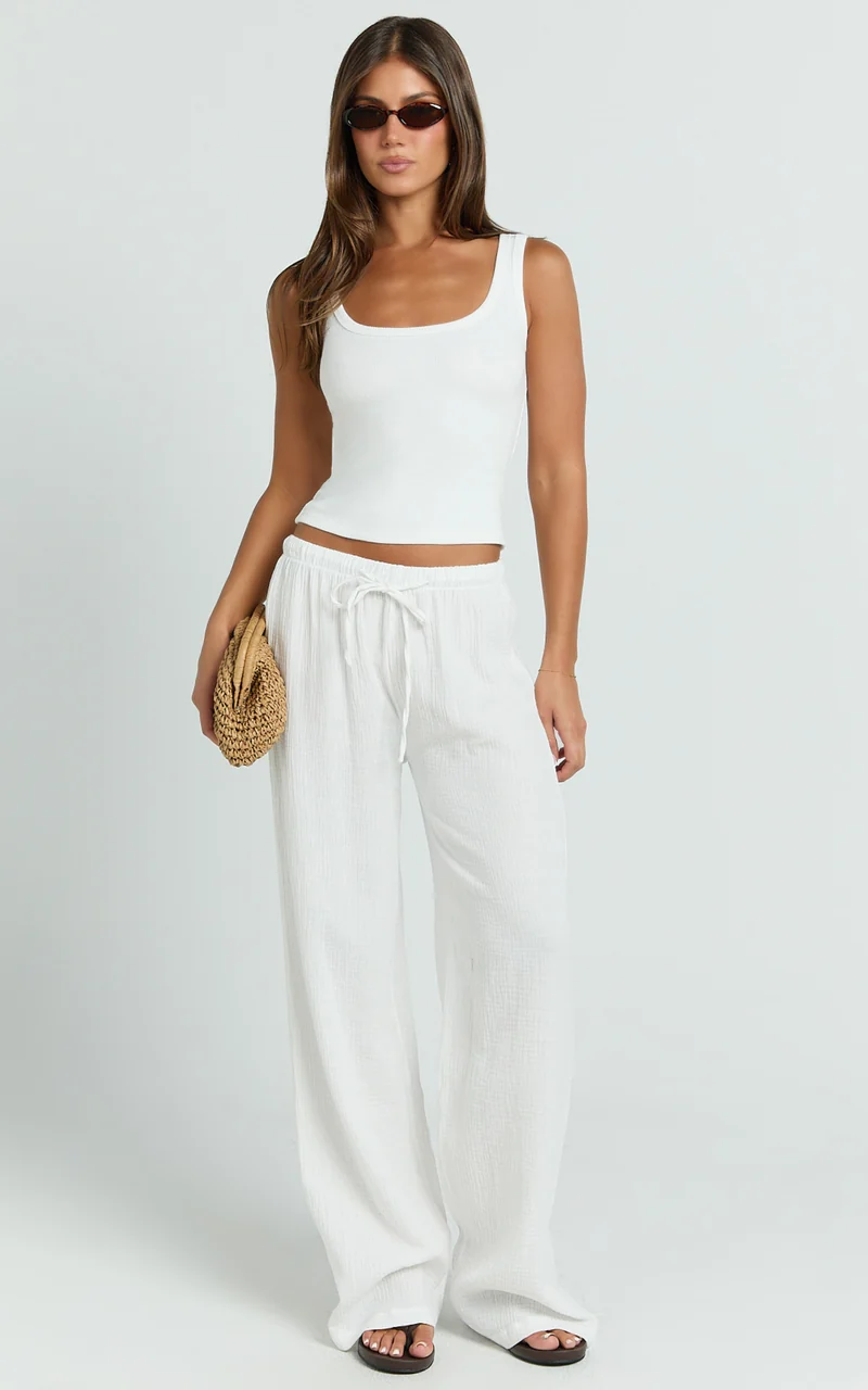 Leonie Pants - Mid Waisted Cheesecloth Relaxed Pants in White