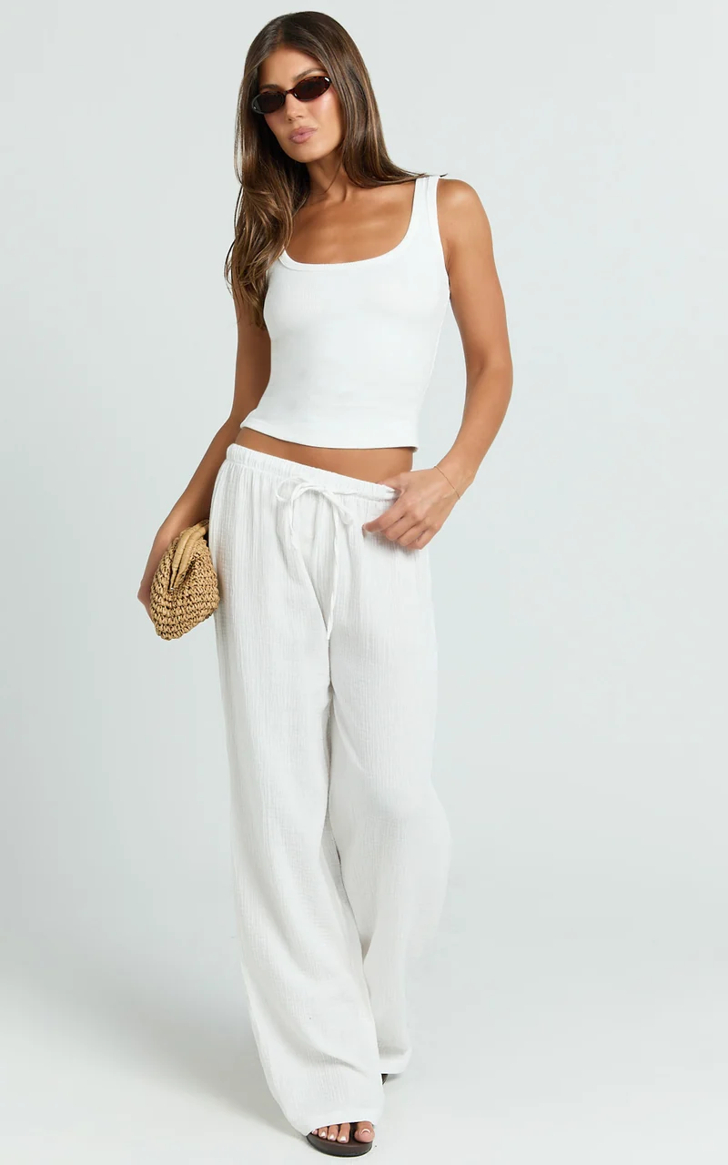 Leonie Pants - Mid Waisted Cheesecloth Relaxed Pants in White