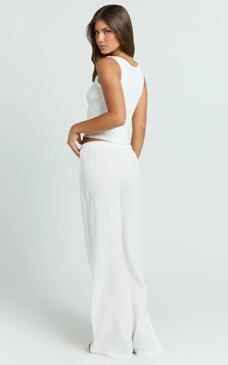 Leonie Pants - Mid Waisted Cheesecloth Relaxed Pants in White