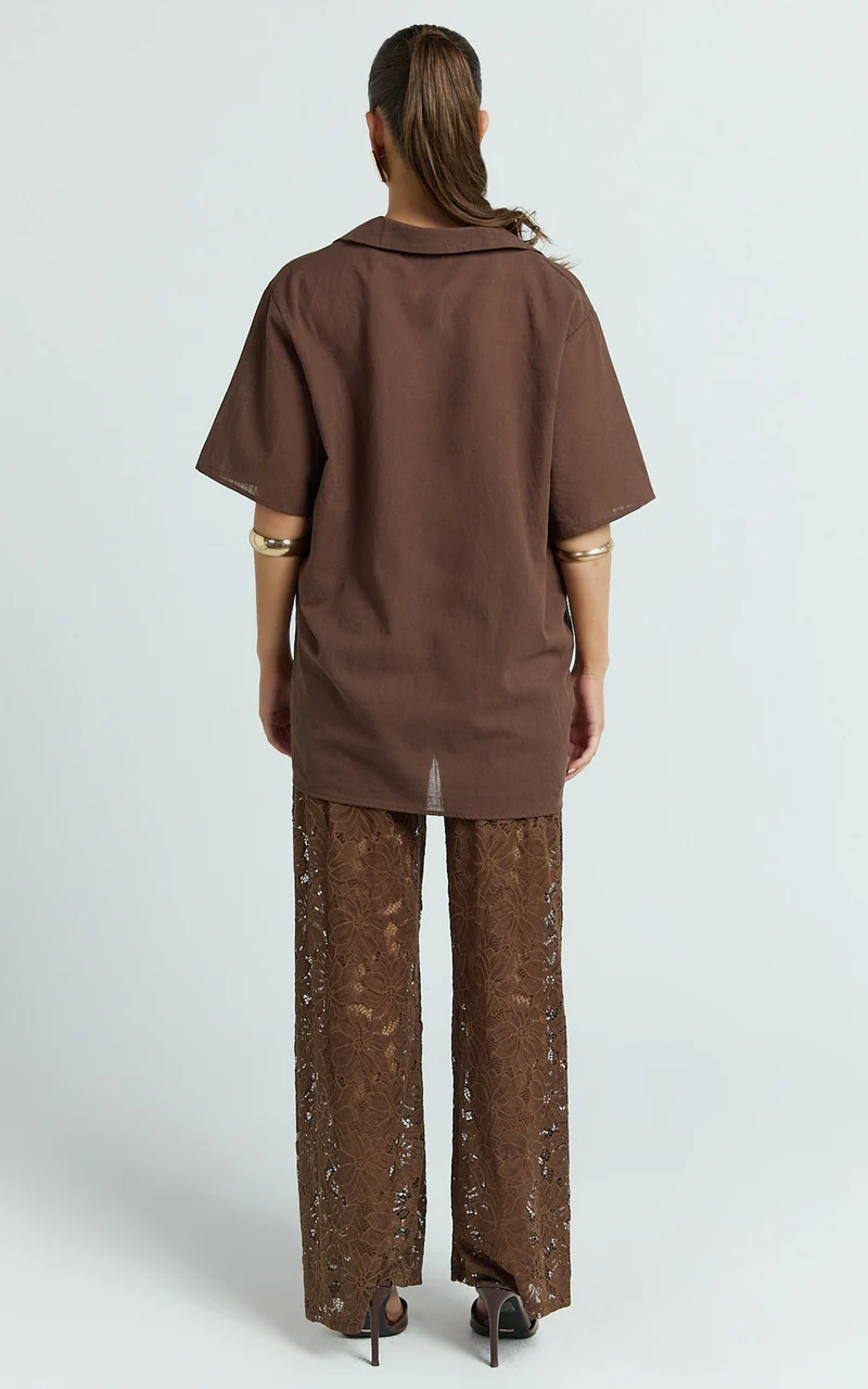Jemma Two Piece Set - Relaxed Shirt and Lace Pants Set in Choc