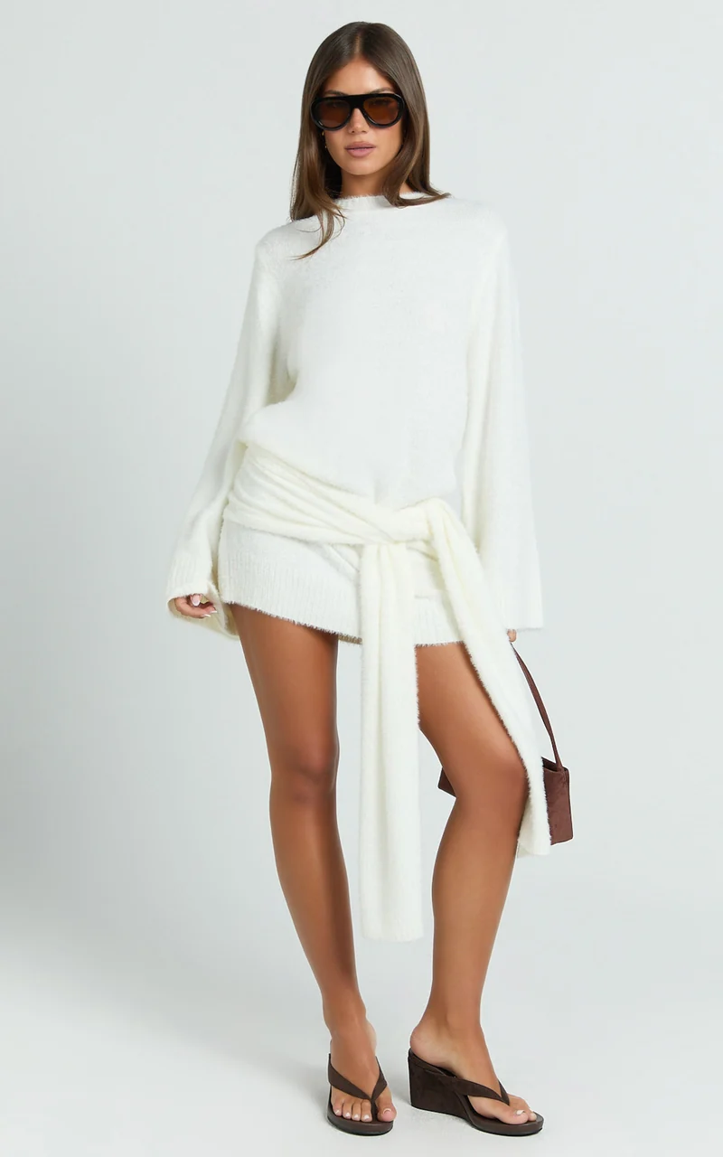 Tisdale Mini Dress - Wrap Skirt Fluffy Knit Jumper Dress in Cream