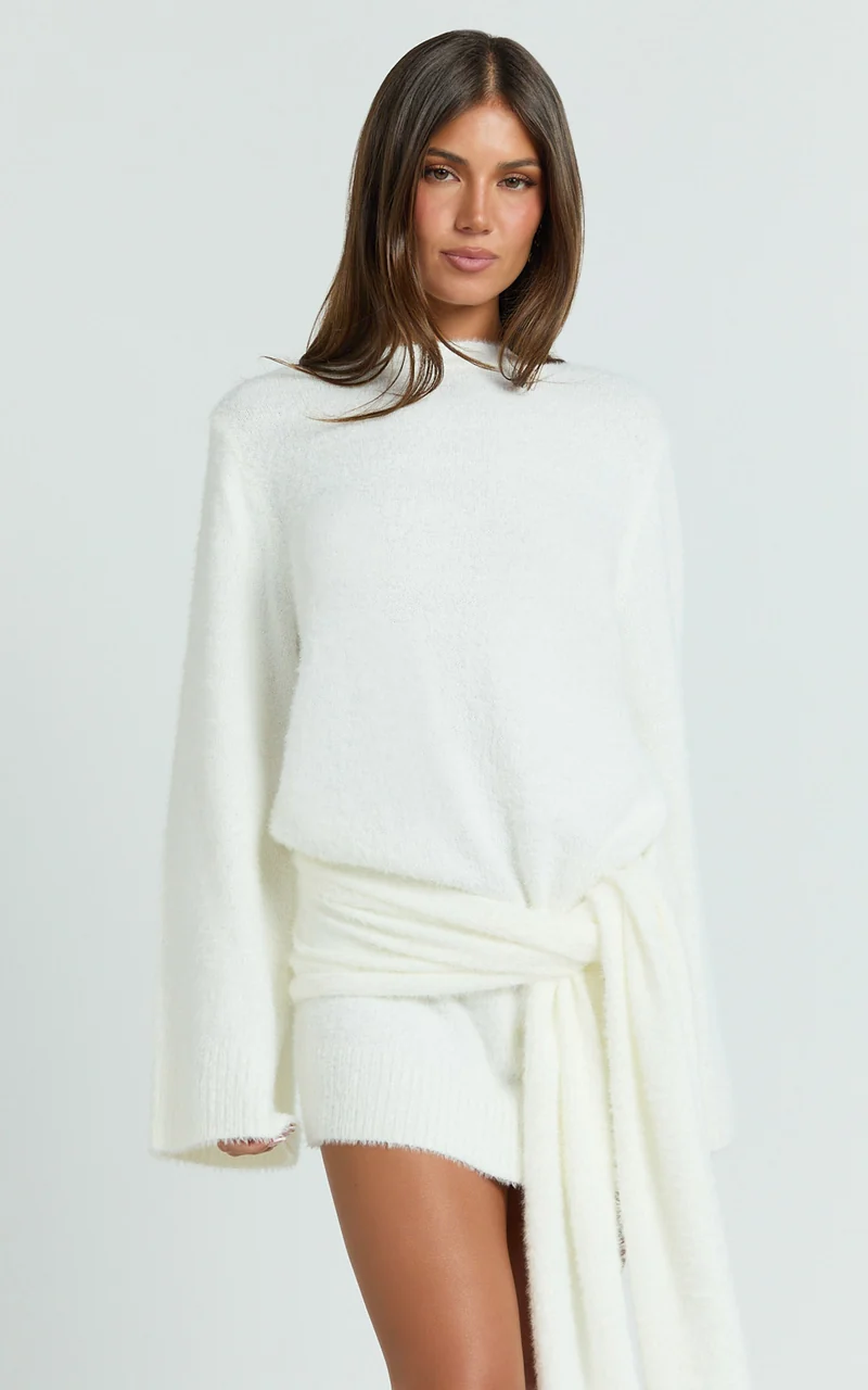 Tisdale Mini Dress - Wrap Skirt Fluffy Knit Jumper Dress in Cream
