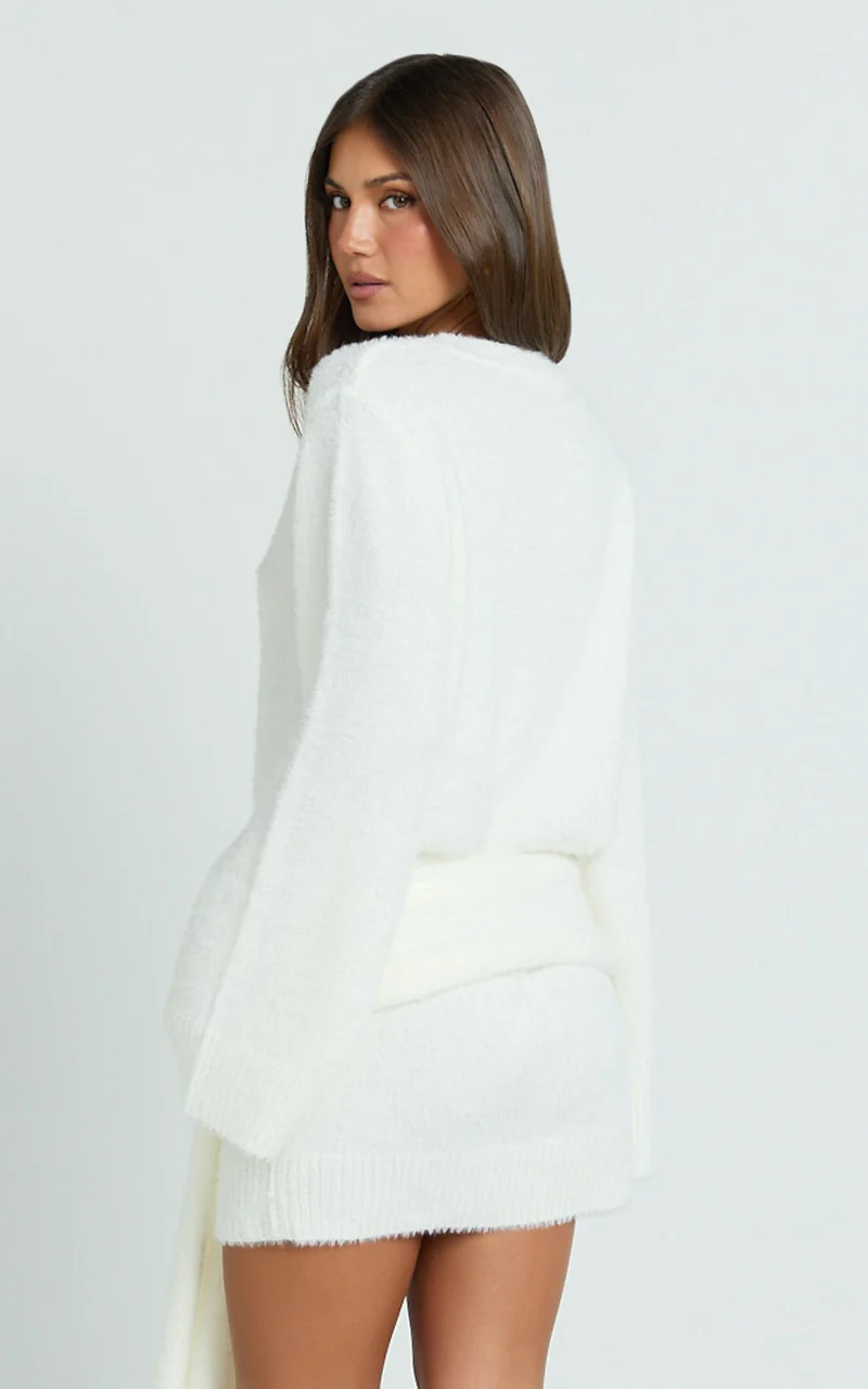 Tisdale Mini Dress - Wrap Skirt Fluffy Knit Jumper Dress in Cream