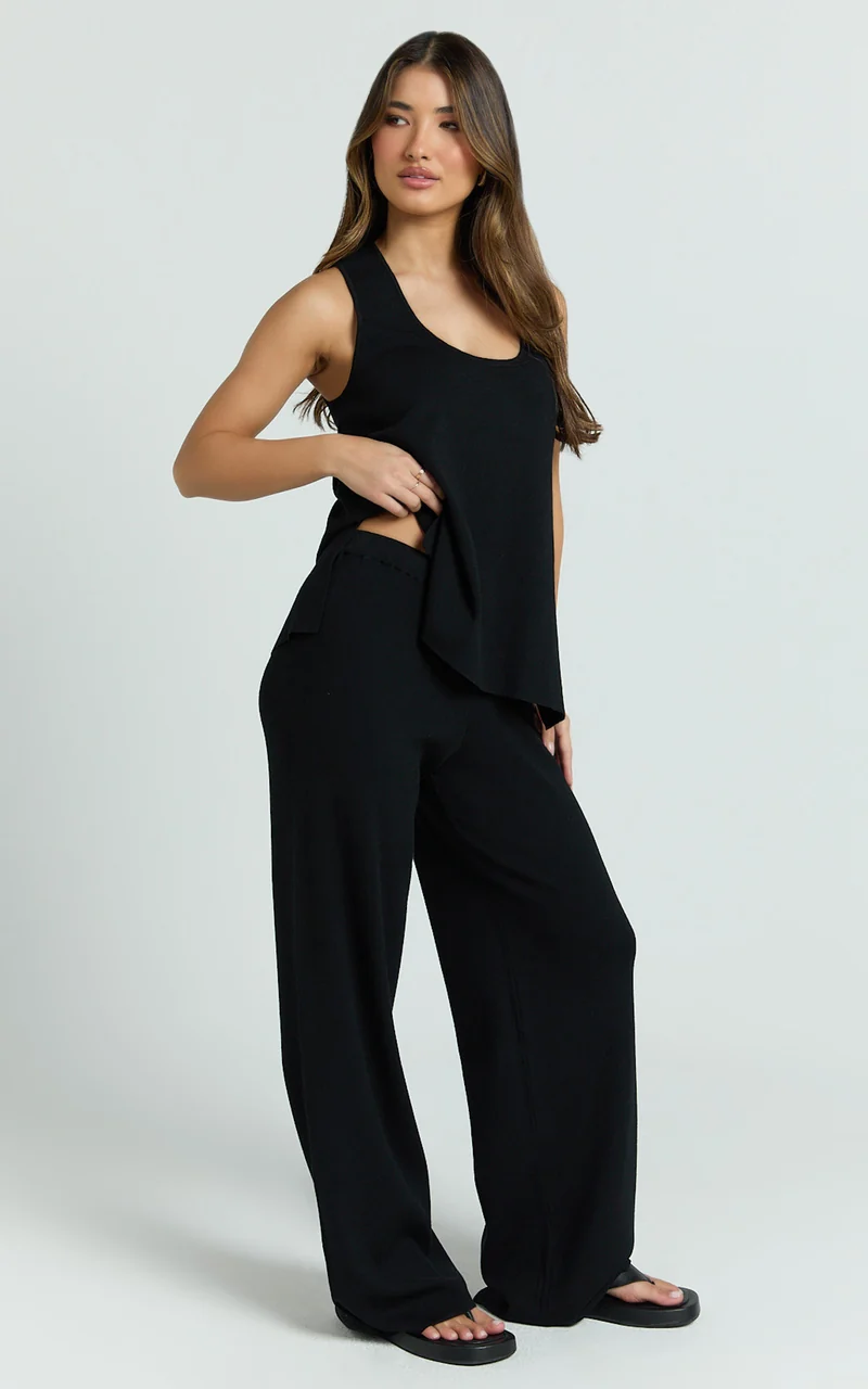 Leonie Two Piece Set - Knit Shell Top and Pant Set in Black