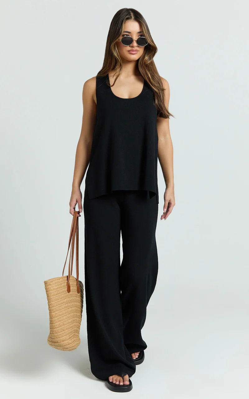 Leonie Two Piece Set - Knit Shell Top and Pant Set in Black