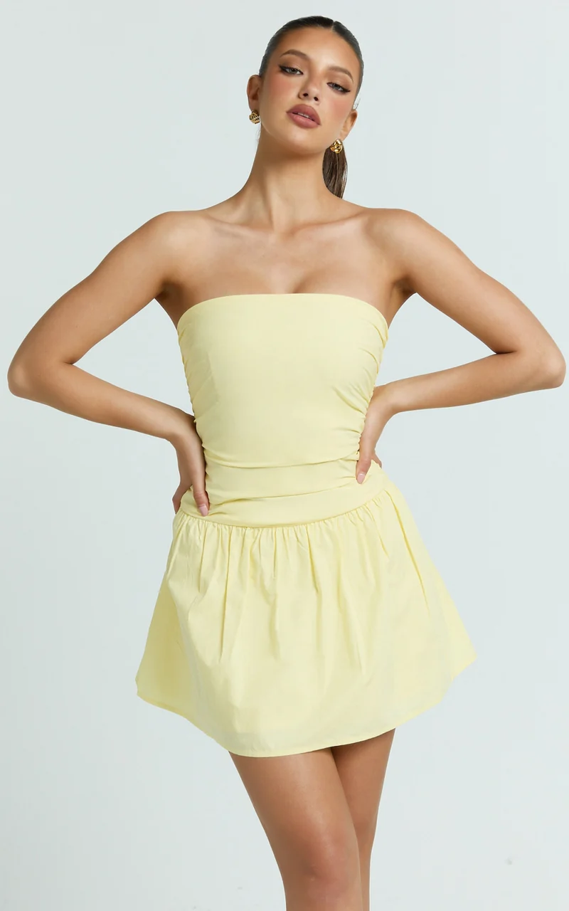 Donatella Mini Dress - Strapless Drop Waist Dress in Lemon
