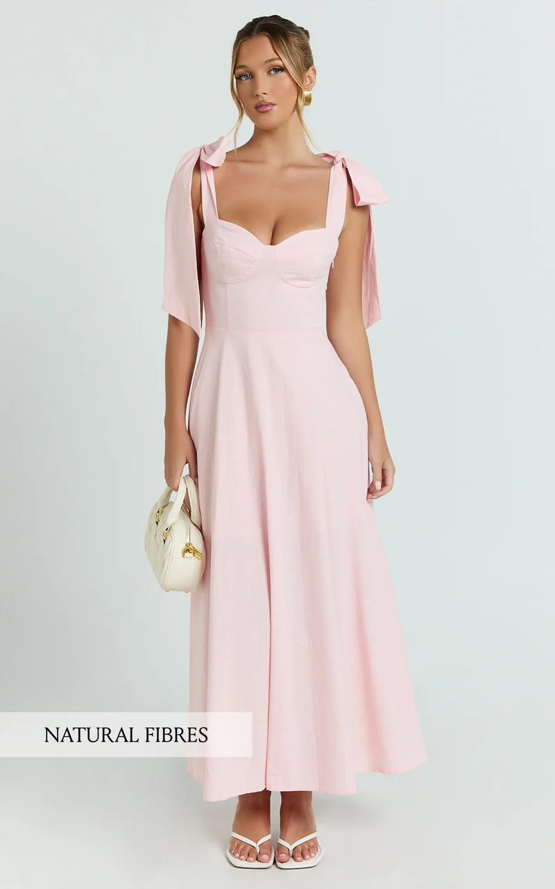Tymia Midi Dress - Shoulder Tie Bustier Shirred Back A Line in Pink