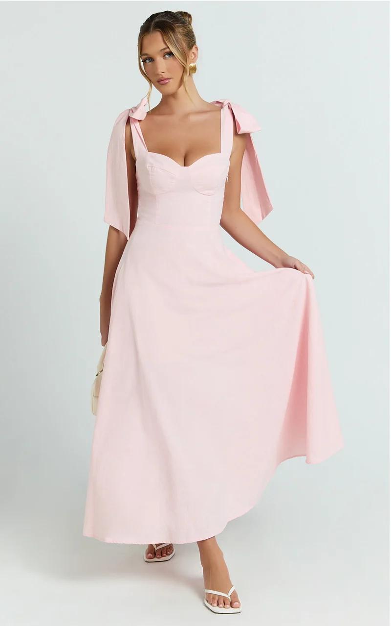 Tymia Midi Dress - Shoulder Tie Bustier Shirred Back A Line in Pink