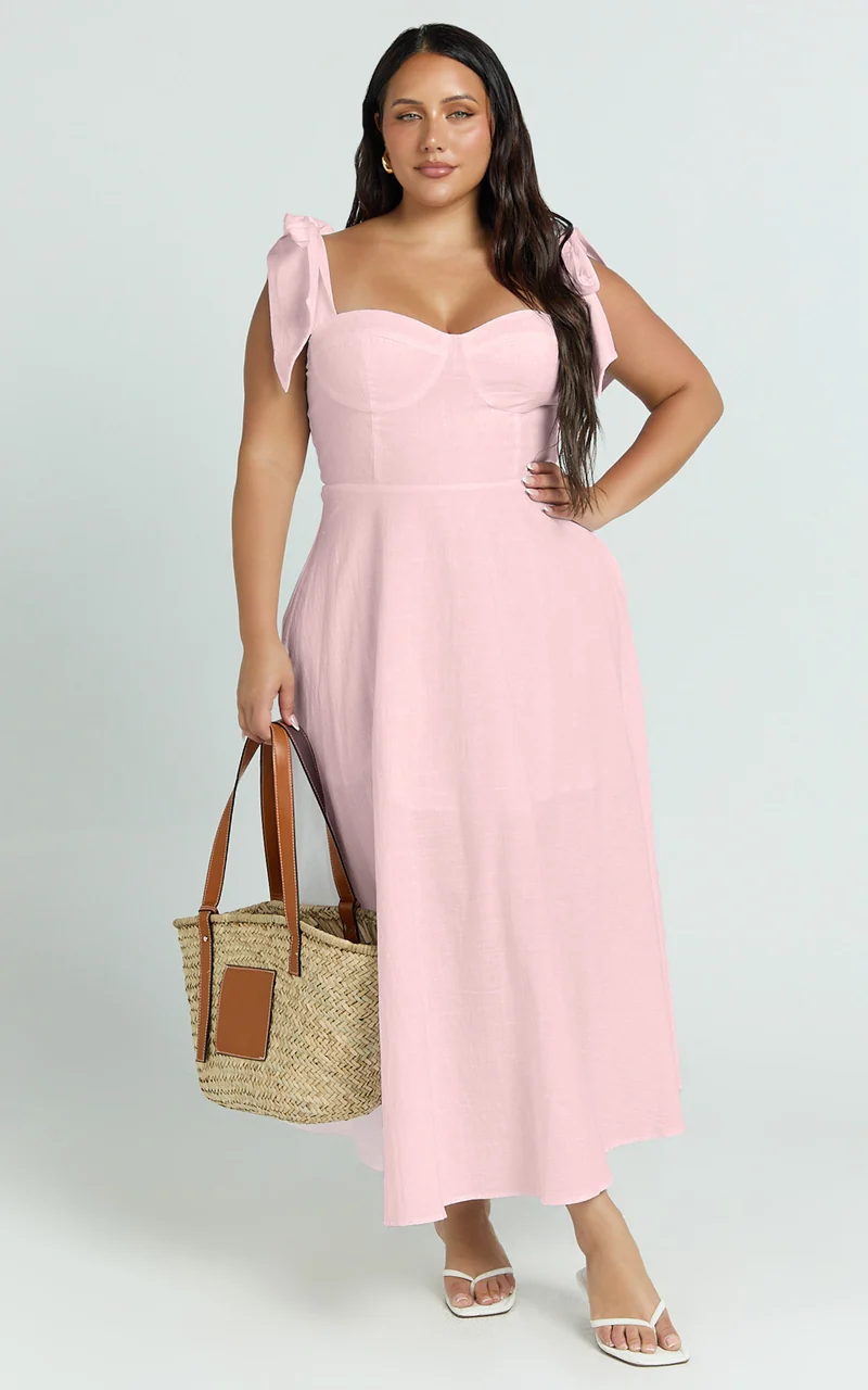 Tymia Midi Dress - Shoulder Tie Bustier Shirred Back A Line in Pink