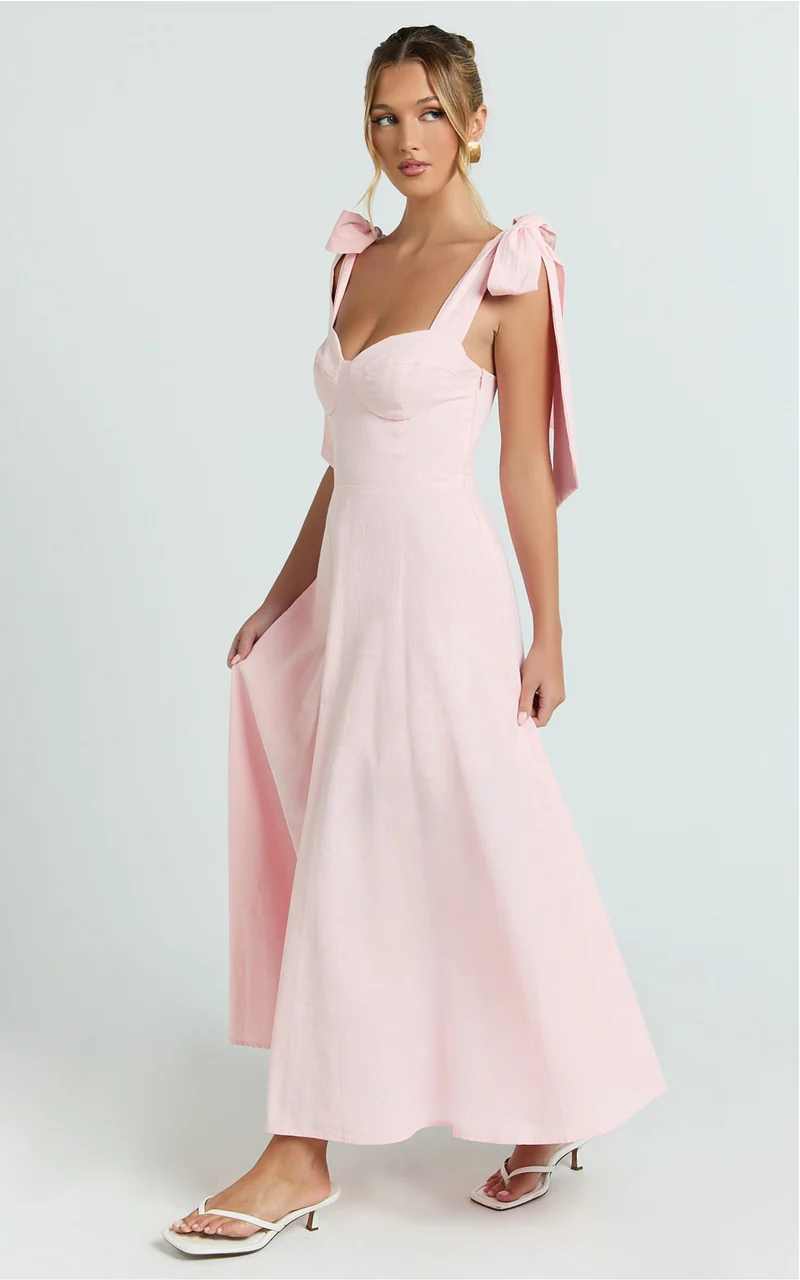 Tymia Midi Dress - Shoulder Tie Bustier Shirred Back A Line in Pink