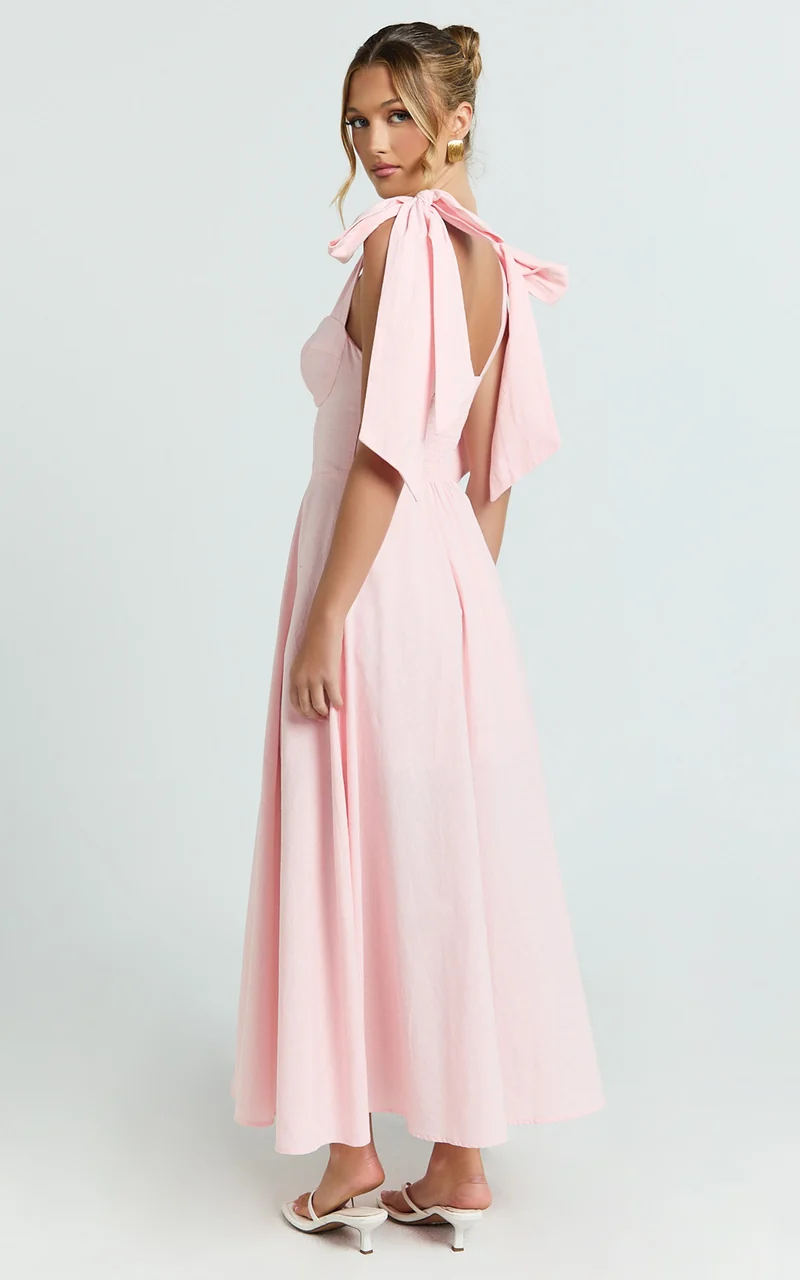 Tymia Midi Dress - Shoulder Tie Bustier Shirred Back A Line in Pink