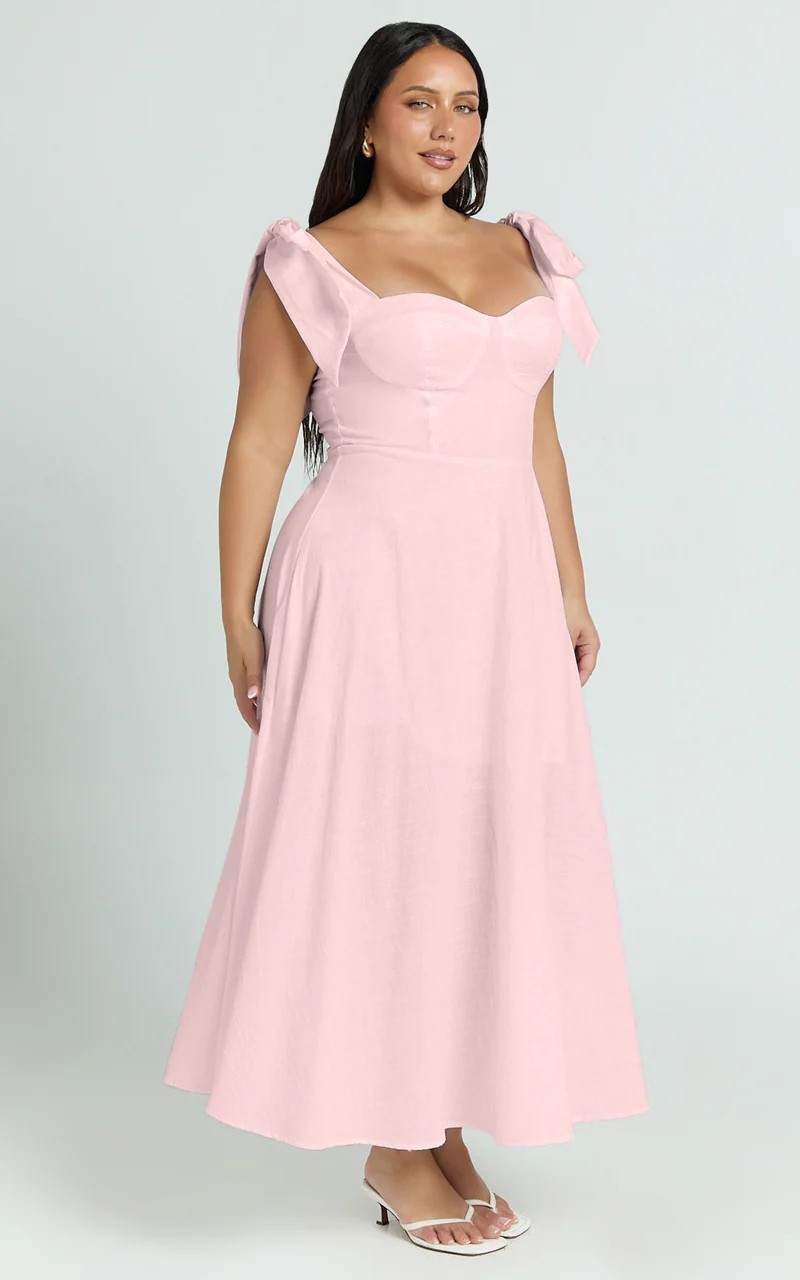 Tymia Midi Dress - Shoulder Tie Bustier Shirred Back A Line in Pink