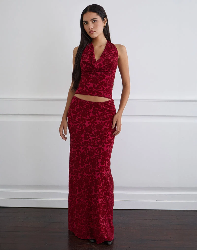 Jupe longue Alfreda, maille floquée, fleur de cerisier