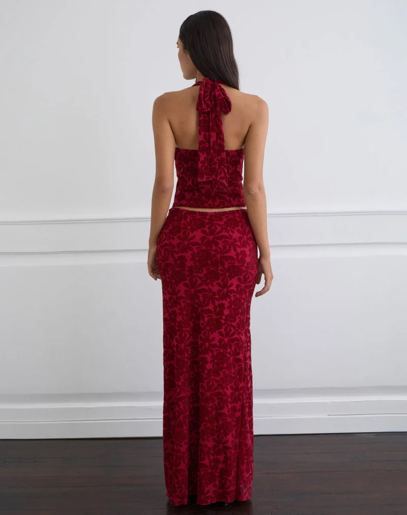 Jupe longue Alfreda, maille floquée, fleur de cerisier