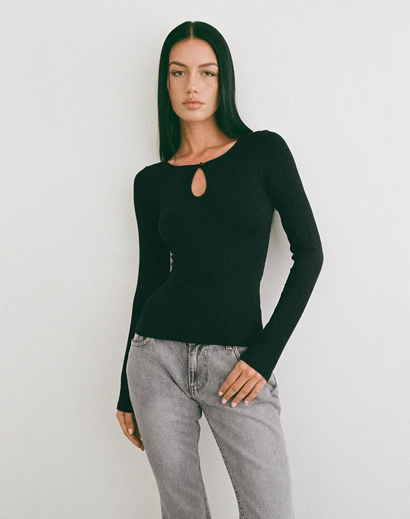 Nique Long Sleeve Top in Thick Rib Black (Top à manches longues en côtes épaisses)