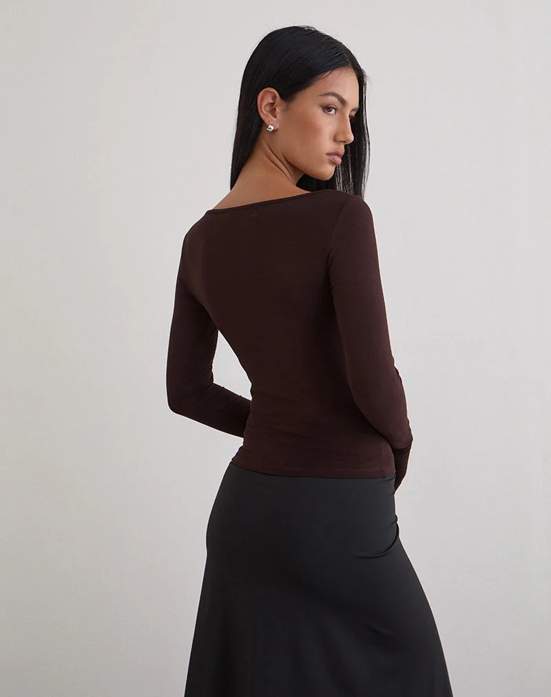 Donela Long Sleeve Top with Flower Ring in Bitter Chocolate (Top à manches longues avec anneau de fleur en chocolat amer)