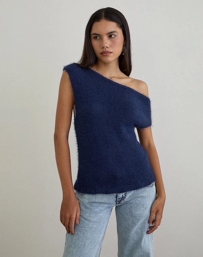 Top Calyce en maille duveteuse Navy