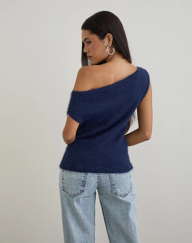 Top Calyce en maille duveteuse Navy
