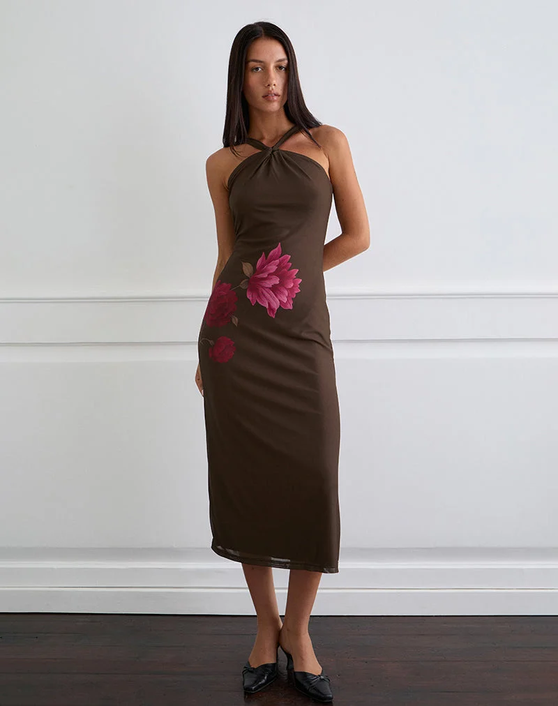 Silvra Halterneck Midi Dress in Brown with Pink Flower Print