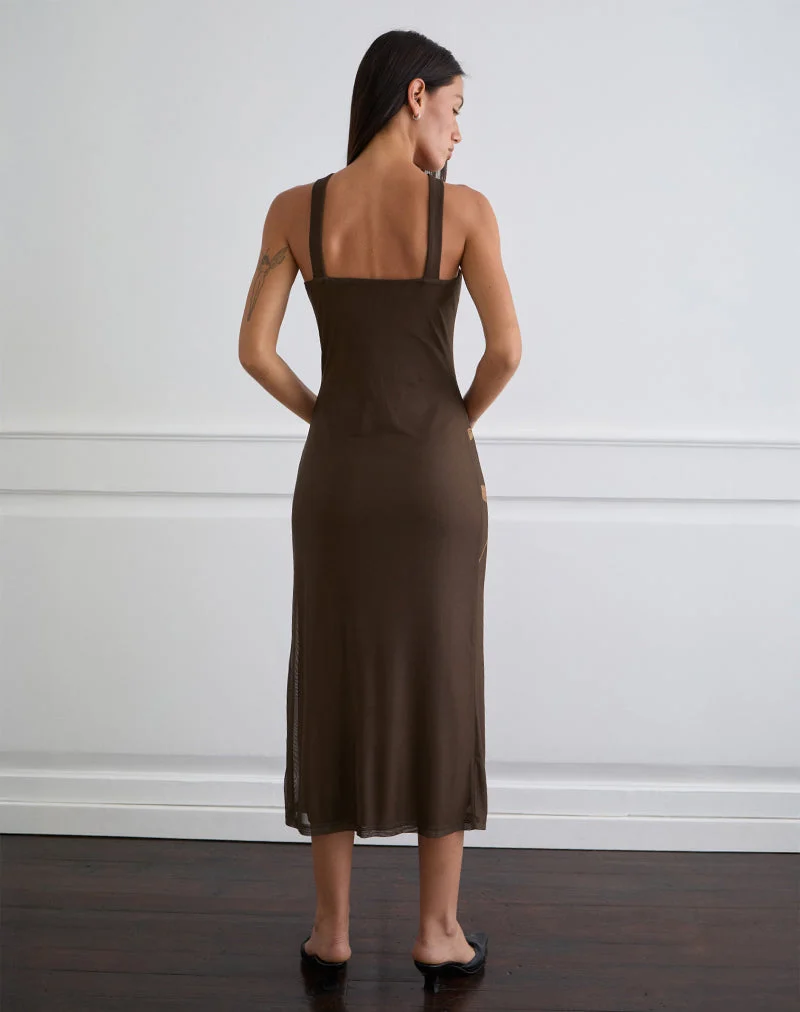 Silvra Halterneck Midi Dress in Brown with Pink Flower Print