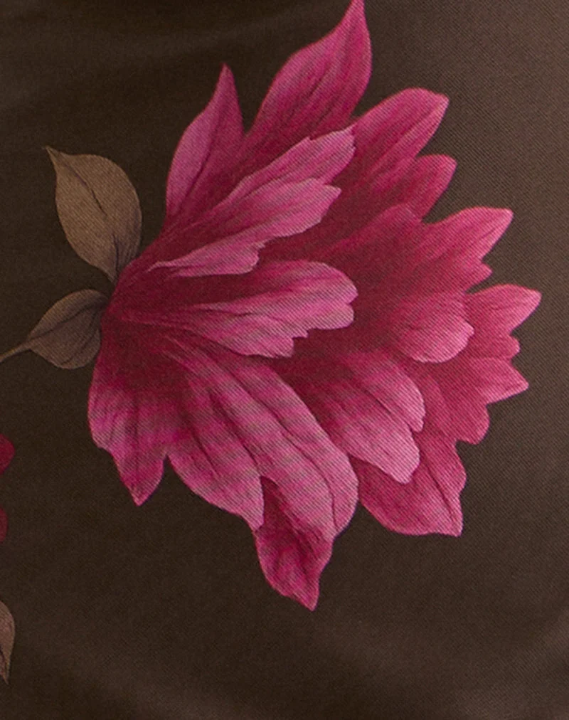 Silvra Halterneck Midi Dress in Brown with Pink Flower Print