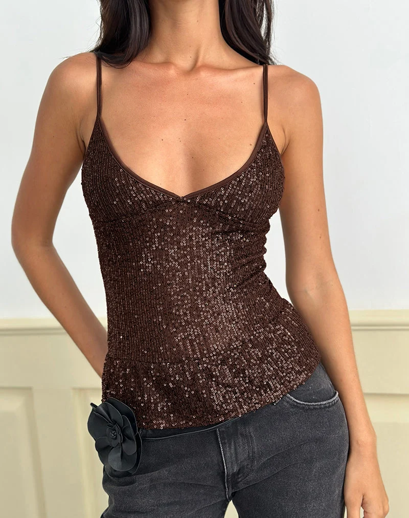 Karka Cami Top in Drape Sequin Brown