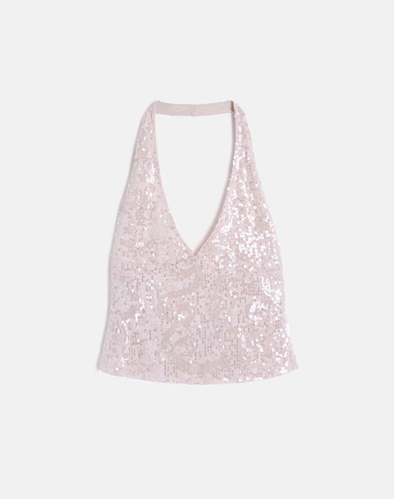Cosio Halter Top in Sequin Baby Pink