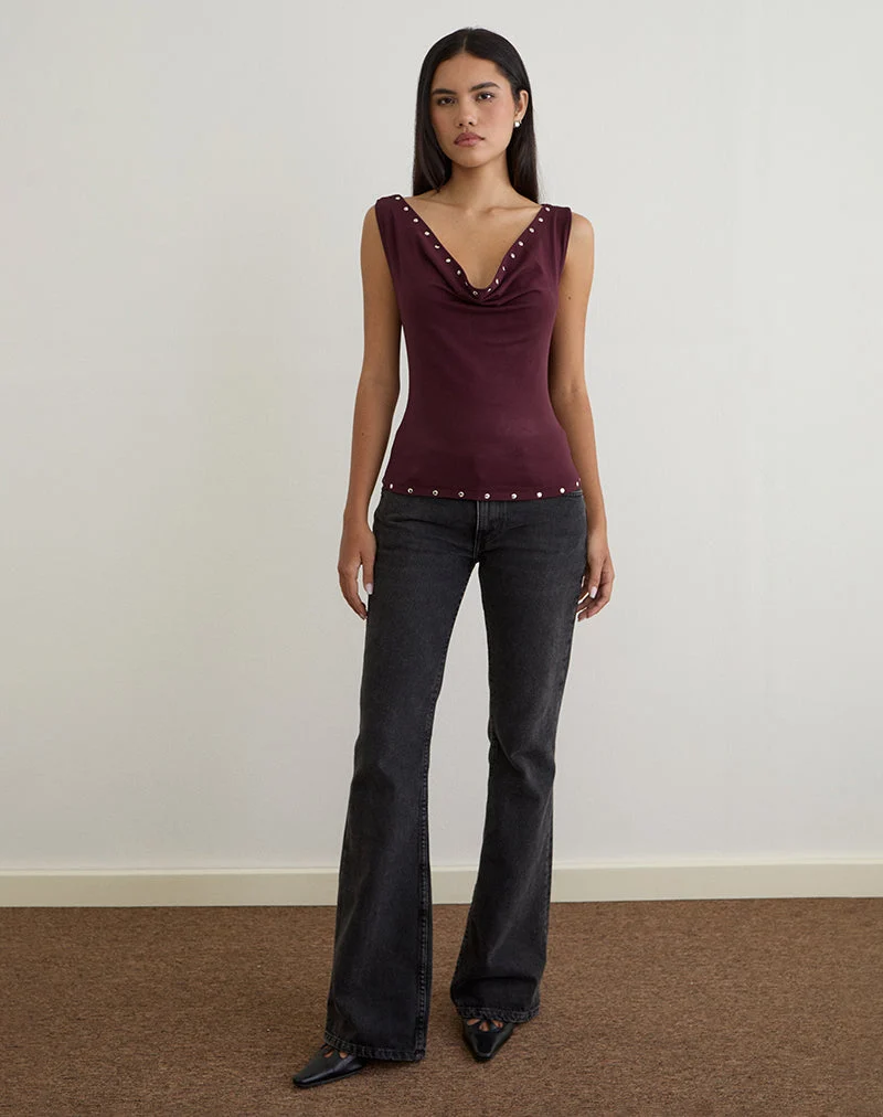 Slater Studded Top in Rayon Jersey Dark Plum