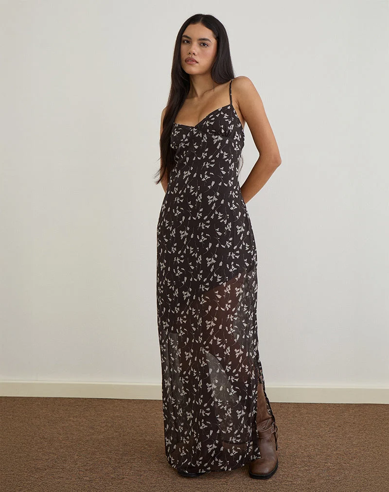 Robe longue Sunita en mousseline de fleurs, marron