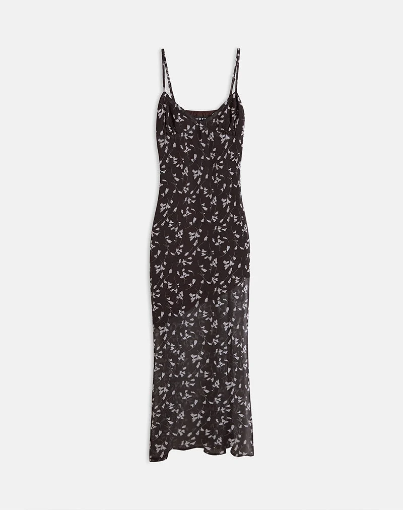 Robe longue Sunita en mousseline de fleurs, marron