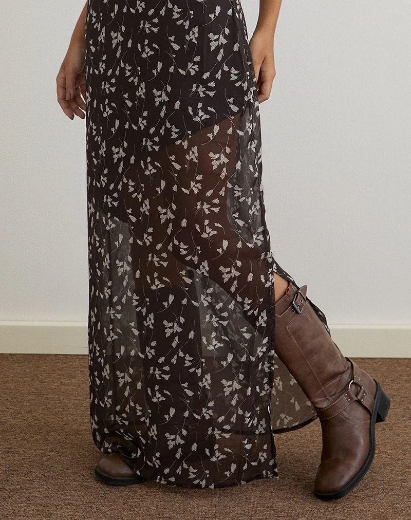 Robe longue Sunita en mousseline de fleurs, marron