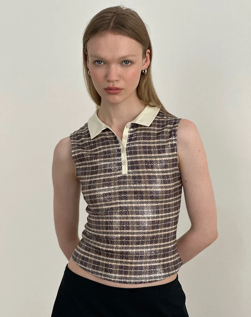 Polo Tisuka à carreaux vintage à paillettes, marron