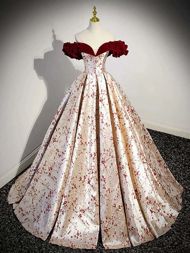 Robe de bal longue en satin et velours à épaules dénudées, coupe trapèze, couleur champagne