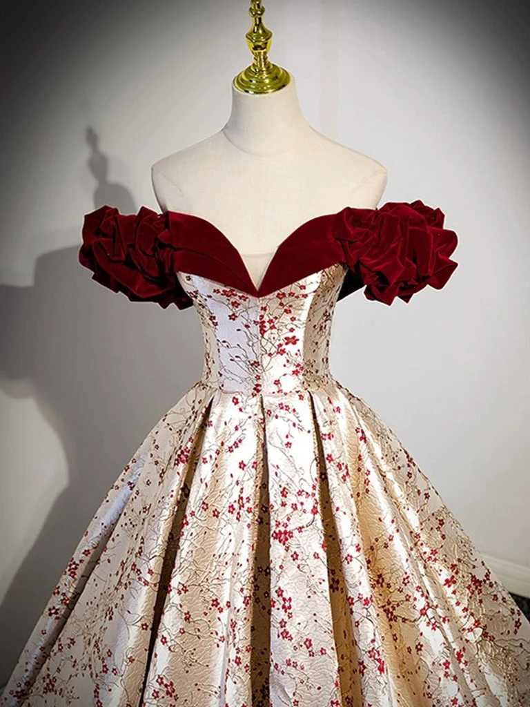 Robe de bal longue en satin et velours à épaules dénudées, coupe trapèze, couleur champagne