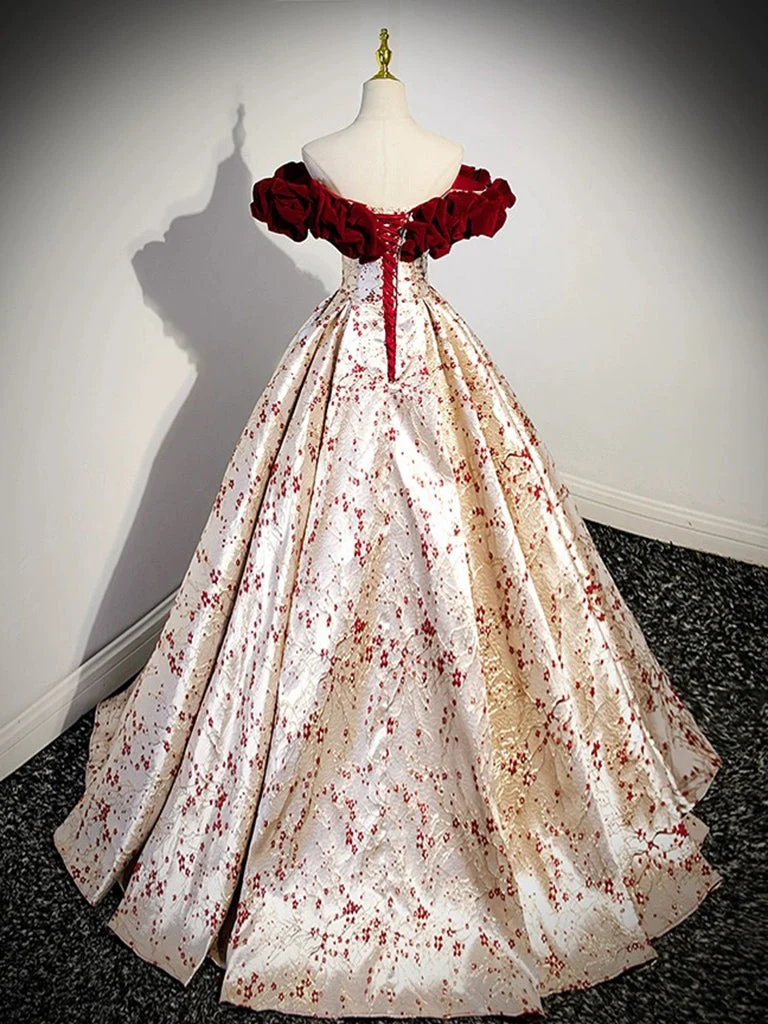 Robe de bal longue en satin et velours à épaules dénudées, coupe trapèze, couleur champagne