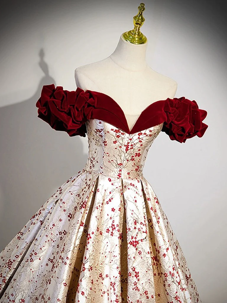 Robe de bal longue en satin et velours à épaules dénudées, coupe trapèze, couleur champagne