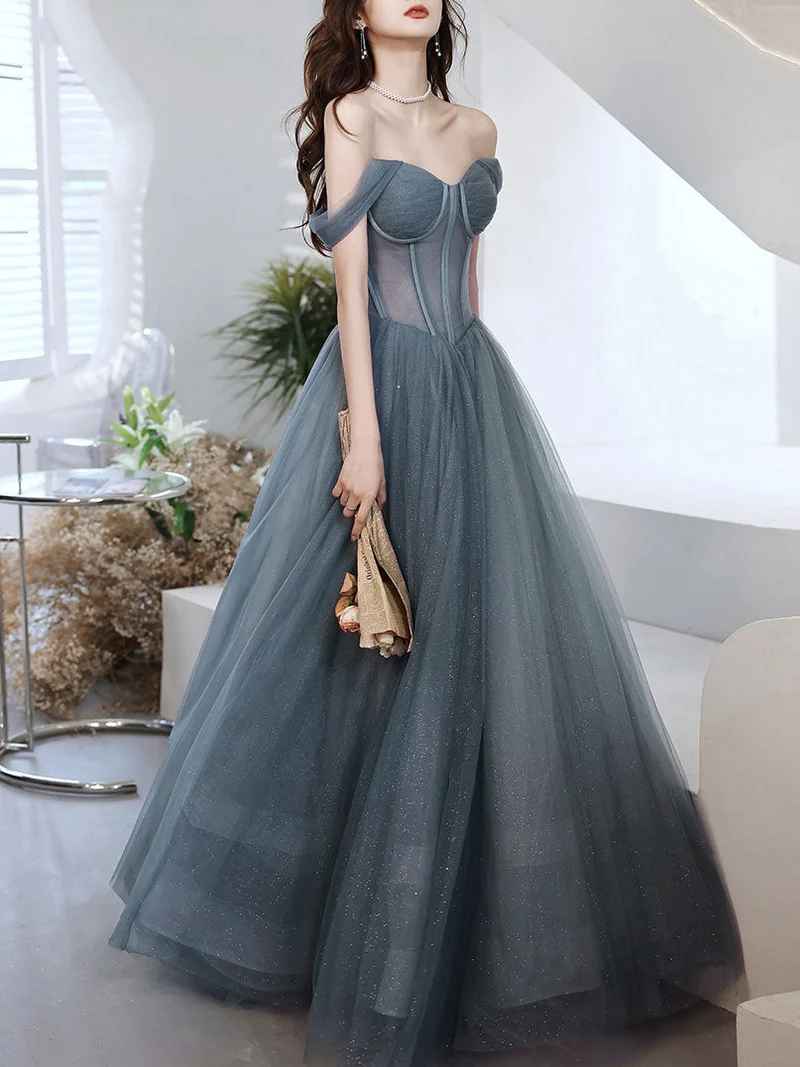 Robe de bal longue en tulle gris bleu, col en cœur, robe de soirée