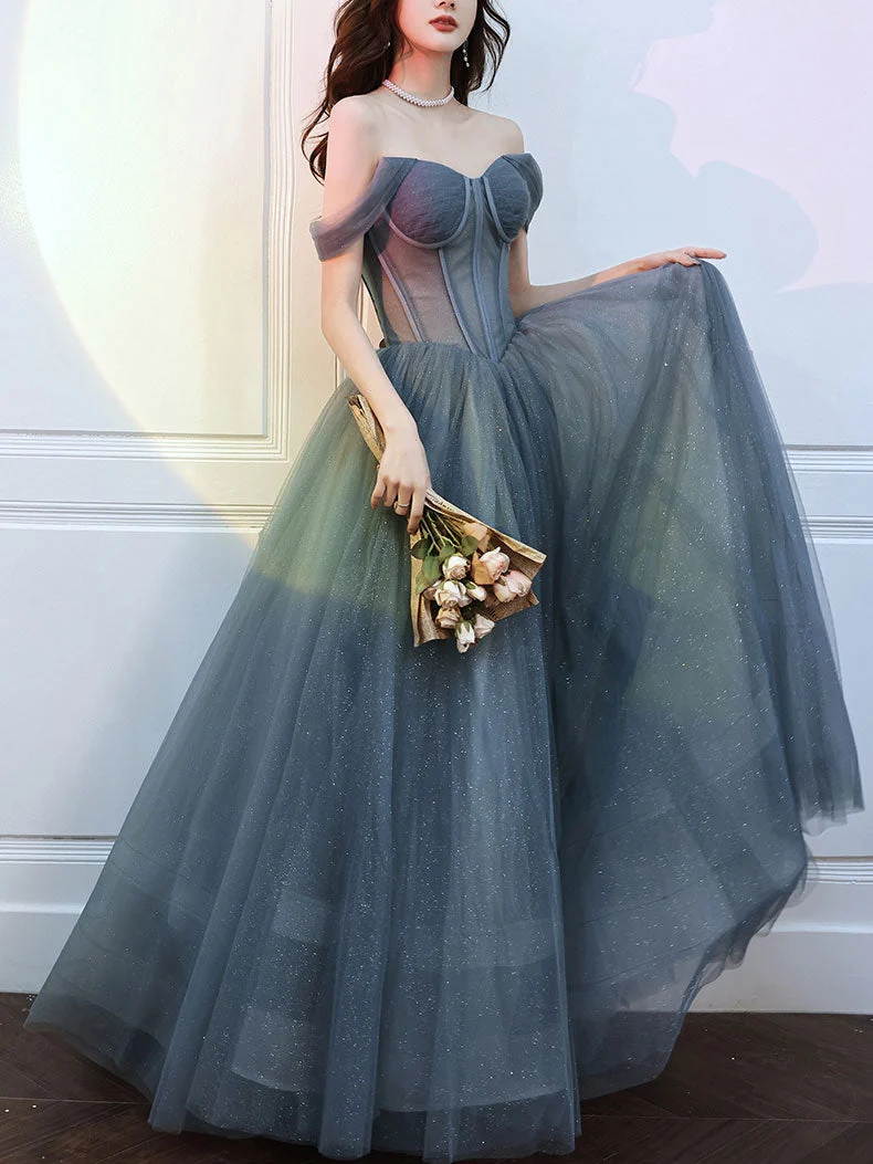 Robe de bal longue en tulle gris bleu, col en cœur, robe de soirée