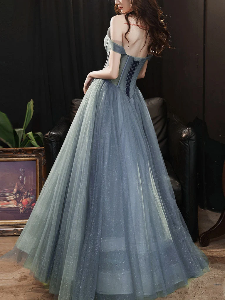 Robe de bal longue en tulle gris bleu, col en cœur, robe de soirée