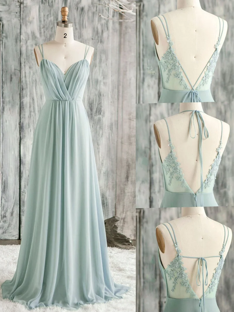 Robe de bal longue verte en mousseline de soie et dentelle