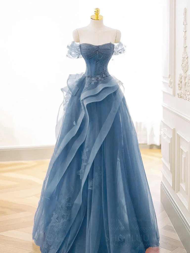 Robe de bal longue élégante en tulle et dentelle, épaules dénudées, gris et bleu