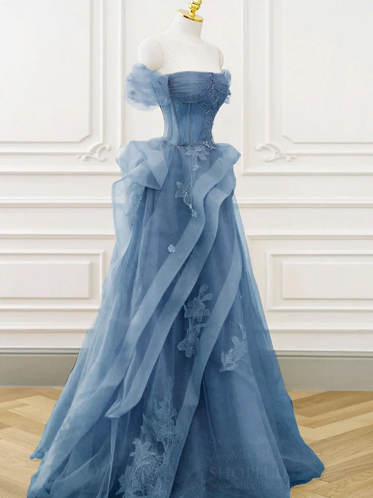 Robe de bal longue élégante en tulle et dentelle, épaules dénudées, gris et bleu