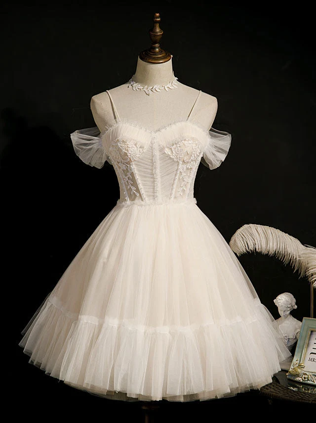 Robe de bal courte en tulle champagne clair, robe de soirée bouffante en tulle et dentelle