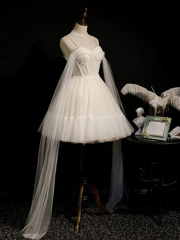 Robe de bal courte en tulle champagne clair, robe de soirée bouffante en tulle et dentelle