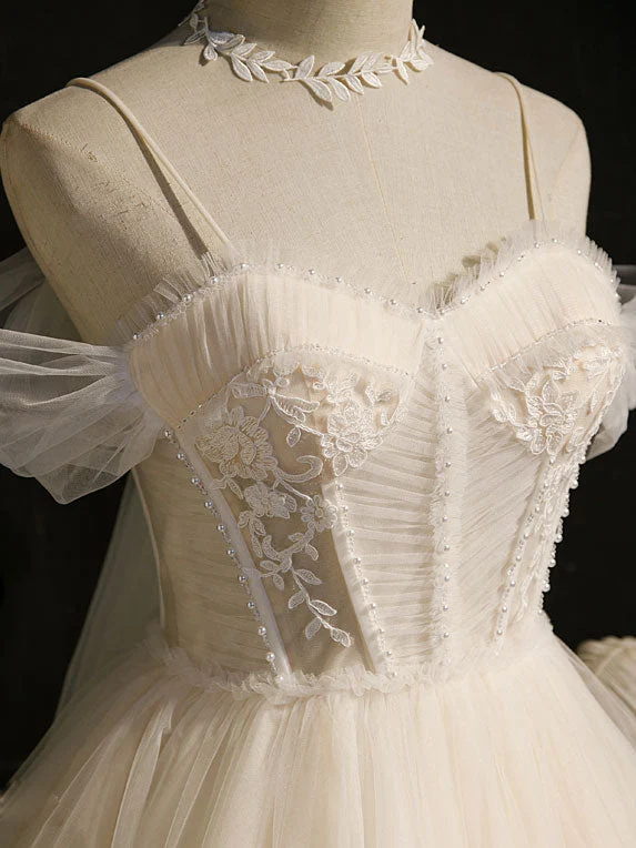Robe de bal courte en tulle champagne clair, robe de soirée bouffante en tulle et dentelle
