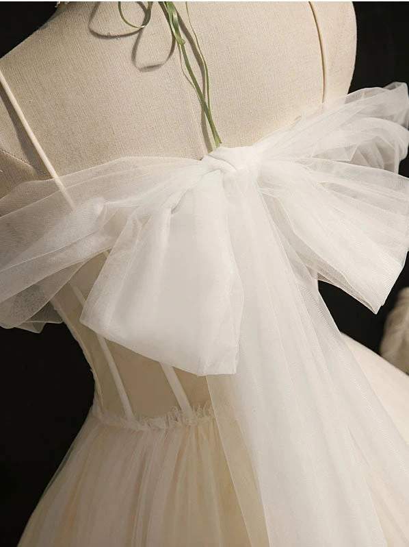 Robe de bal courte en tulle champagne clair, robe de soirée bouffante en tulle et dentelle