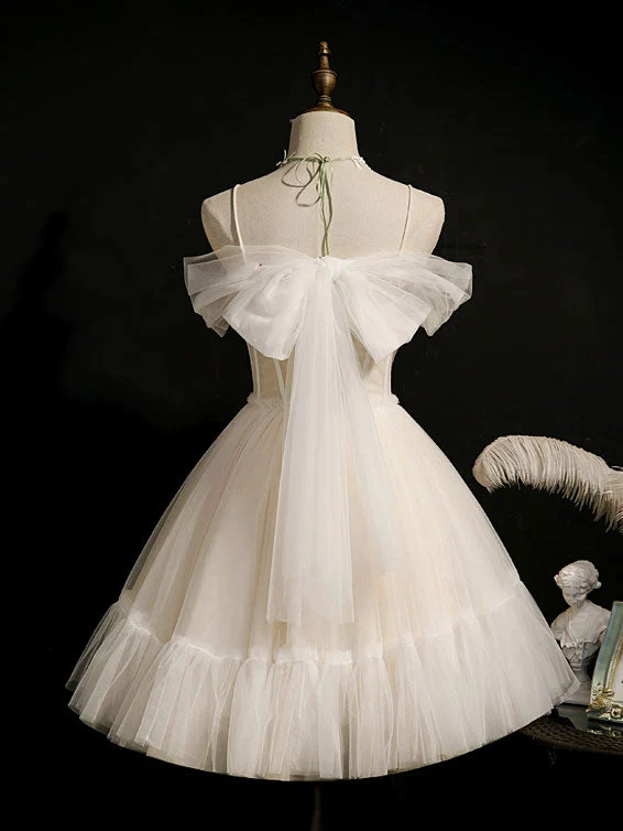 Robe de bal courte en tulle champagne clair, robe de soirée bouffante en tulle et dentelle