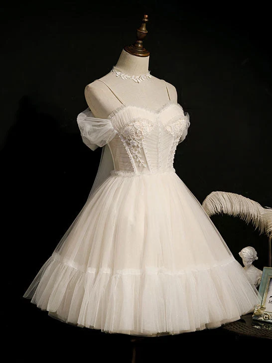 Robe de bal courte en tulle champagne clair, robe de soirée bouffante en tulle et dentelle