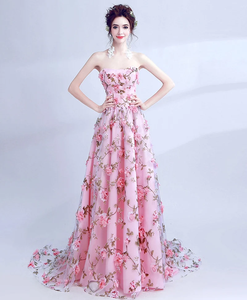 Robe de soirée longue en tulle rose à fleurs 3D