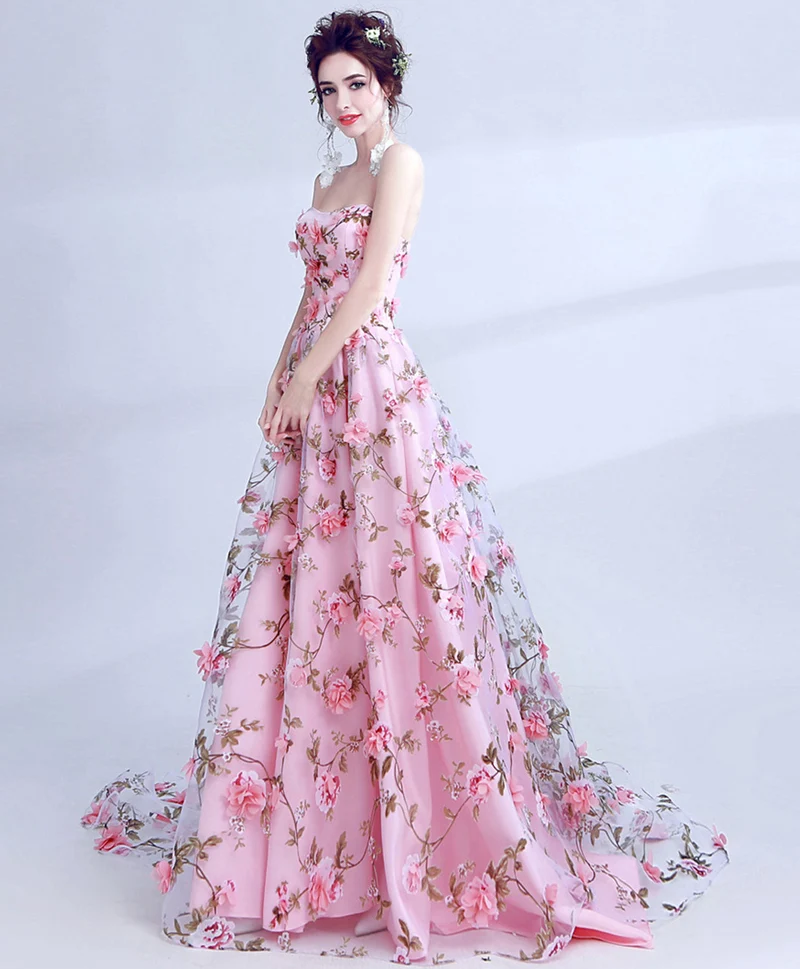 Robe de soirée longue en tulle rose à fleurs 3D